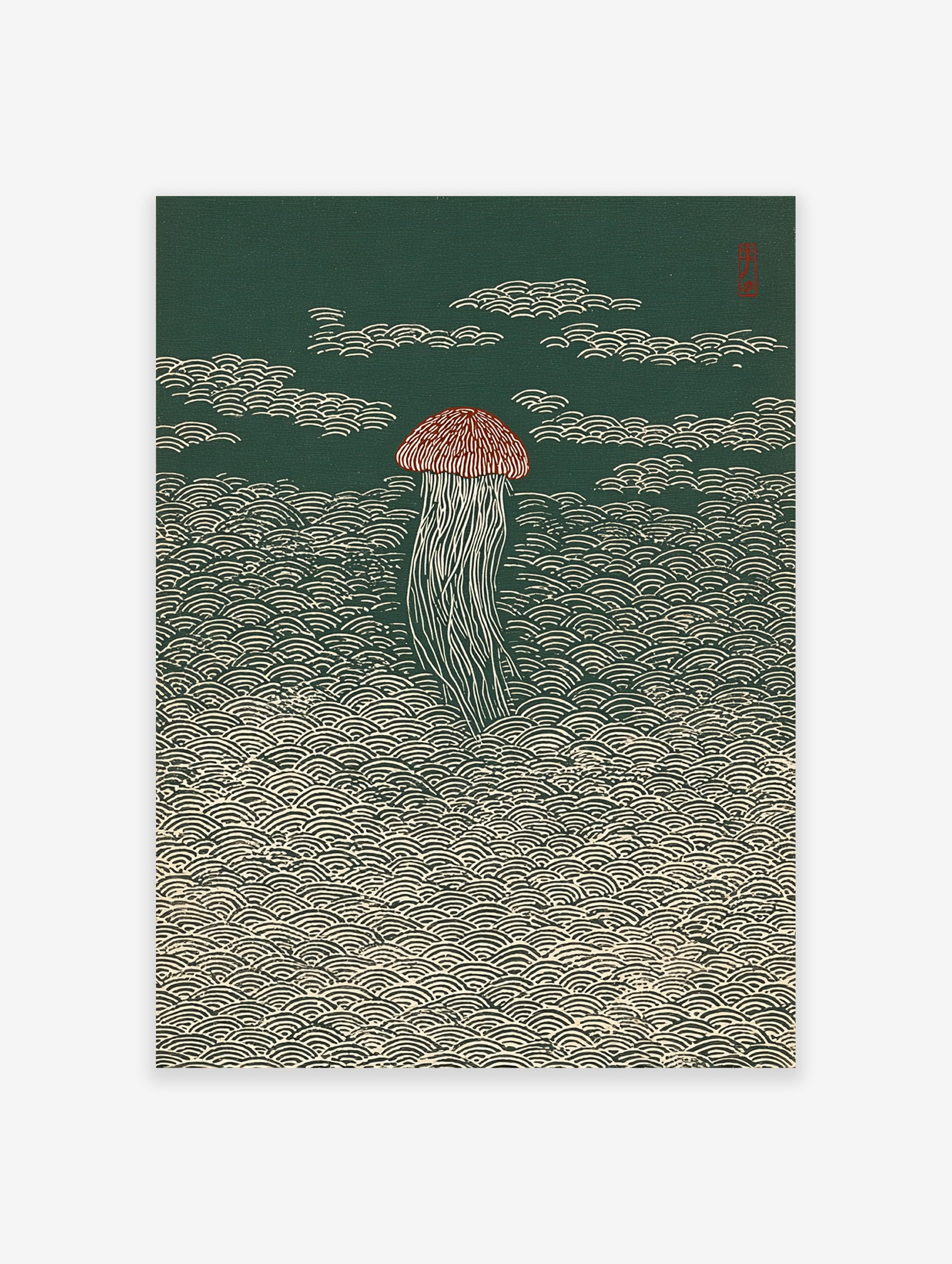 Japanese style jellyfish wall art print with a reddish-brown bell and white tentacles against a dark green background with wave patterns.