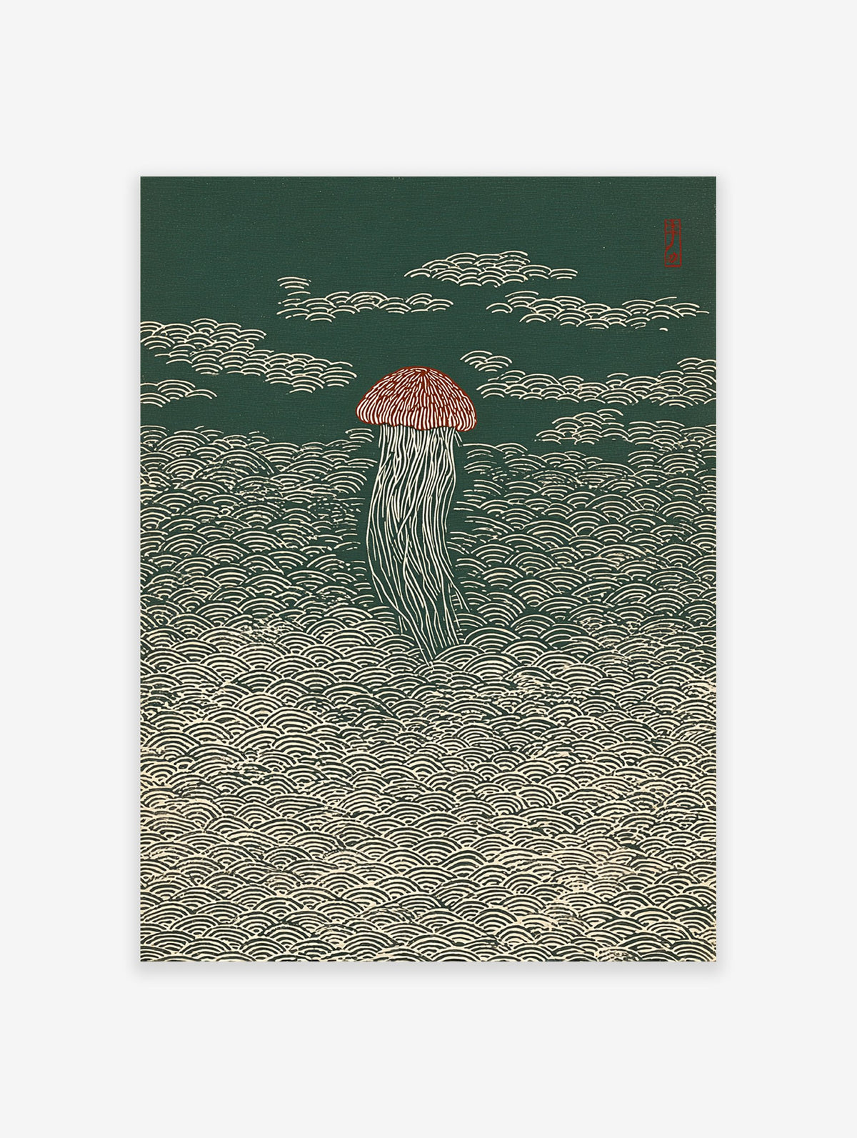 Japanese style jellyfish wall art print with a reddish-brown bell and white tentacles against a dark green background with wave patterns.