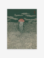 Japanese style jellyfish wall art print with a reddish-brown bell and white tentacles against a dark green background with wave patterns.