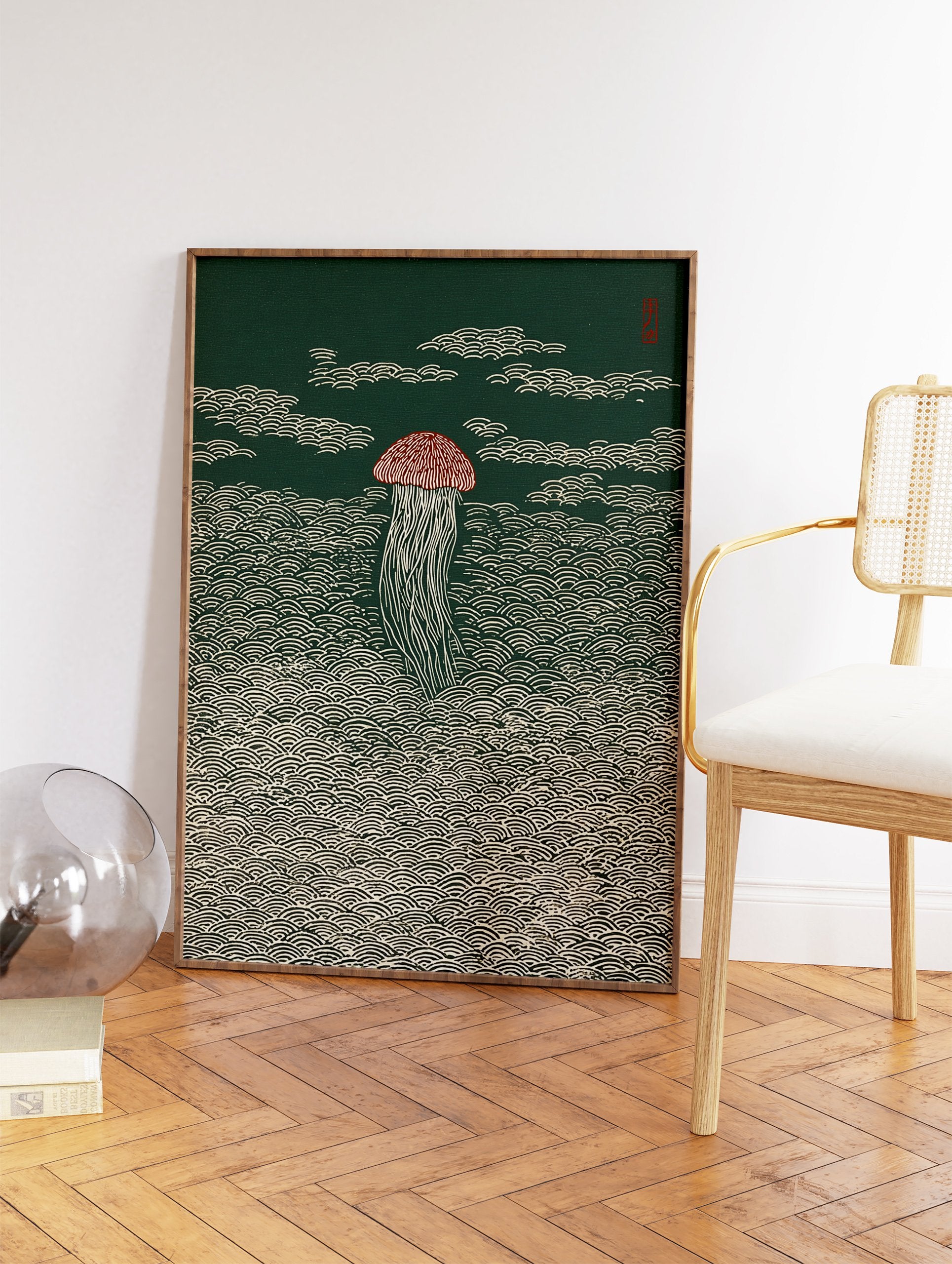 Japanese style jellyfish wall art print with a reddish-brown bell and white tentacles against a dark green background with wave patterns. - Image 2