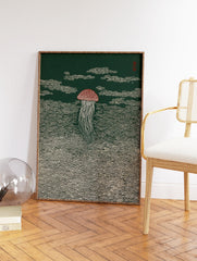Japanese style jellyfish wall art print with a reddish-brown bell and white tentacles against a dark green background with wave patterns. - Image 2