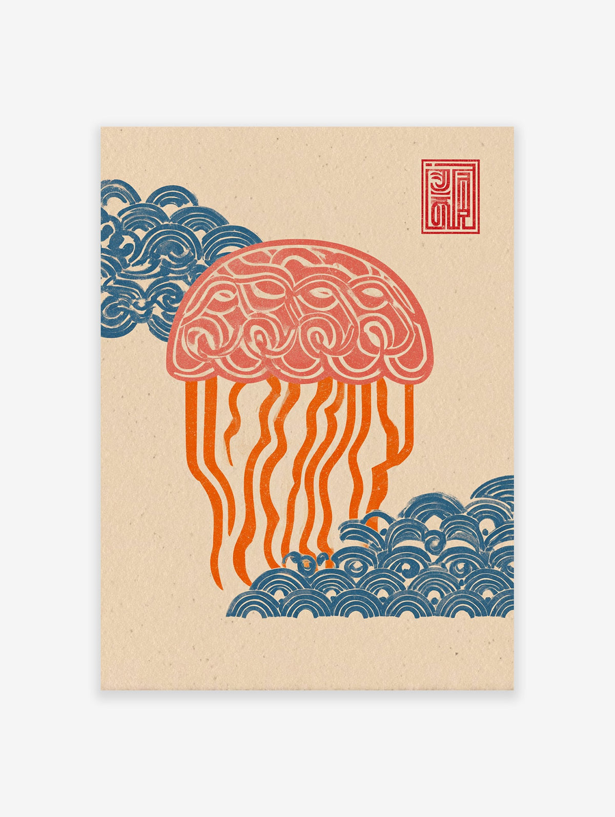 Japanese Ukiyo-e style jellyfish wall art print with blue waves and red seal on a textured beige background.