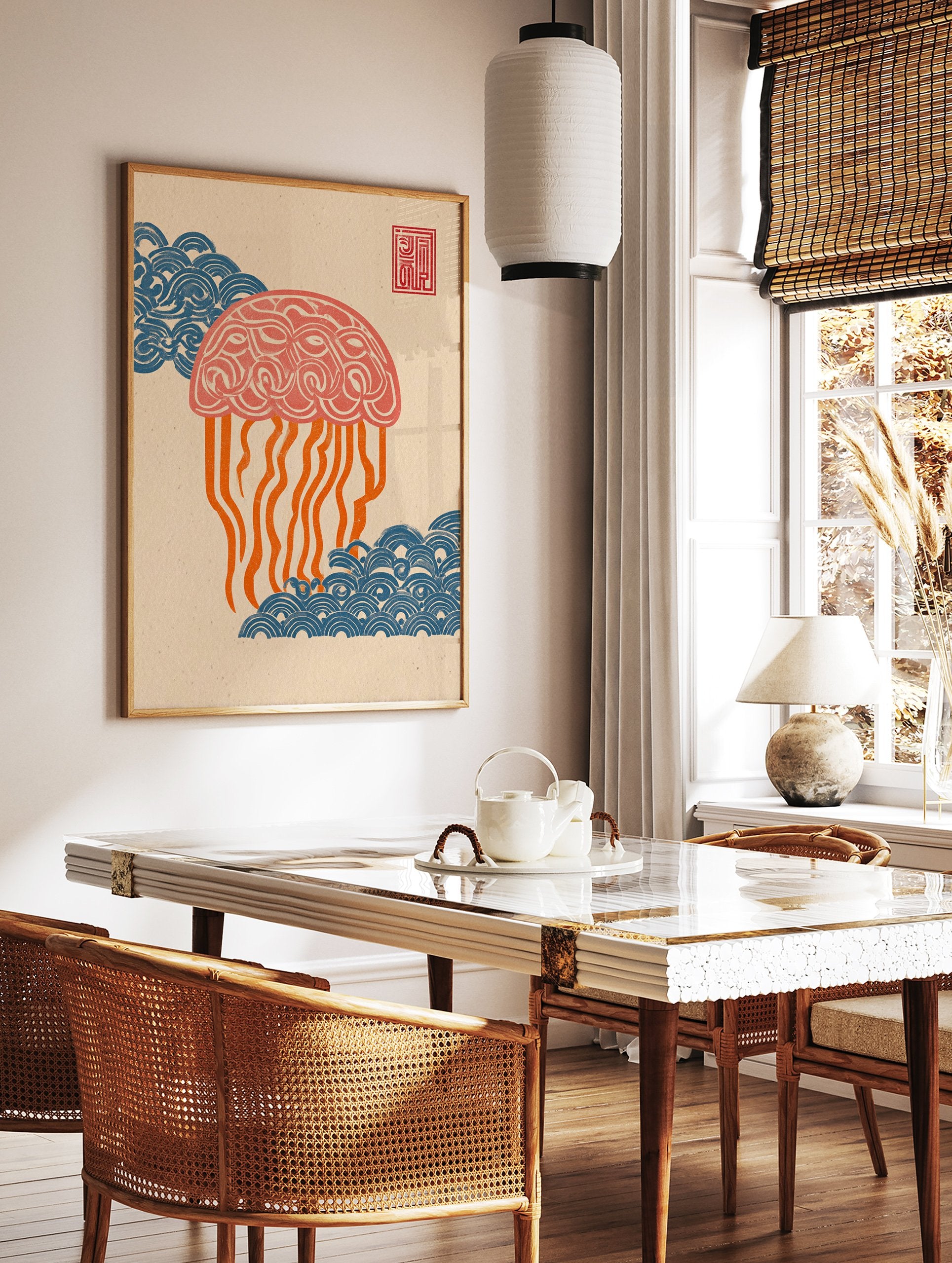 Japanese Ukiyo-e style jellyfish wall art print with blue waves and red seal on a textured beige background. - Image 2