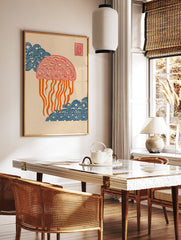 Japanese Ukiyo-e style jellyfish wall art print with blue waves and red seal on a textured beige background. - Image 2