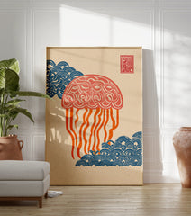 Japanese Ukiyo-e style jellyfish wall art print with blue waves and red seal on a textured beige background. - Image 3