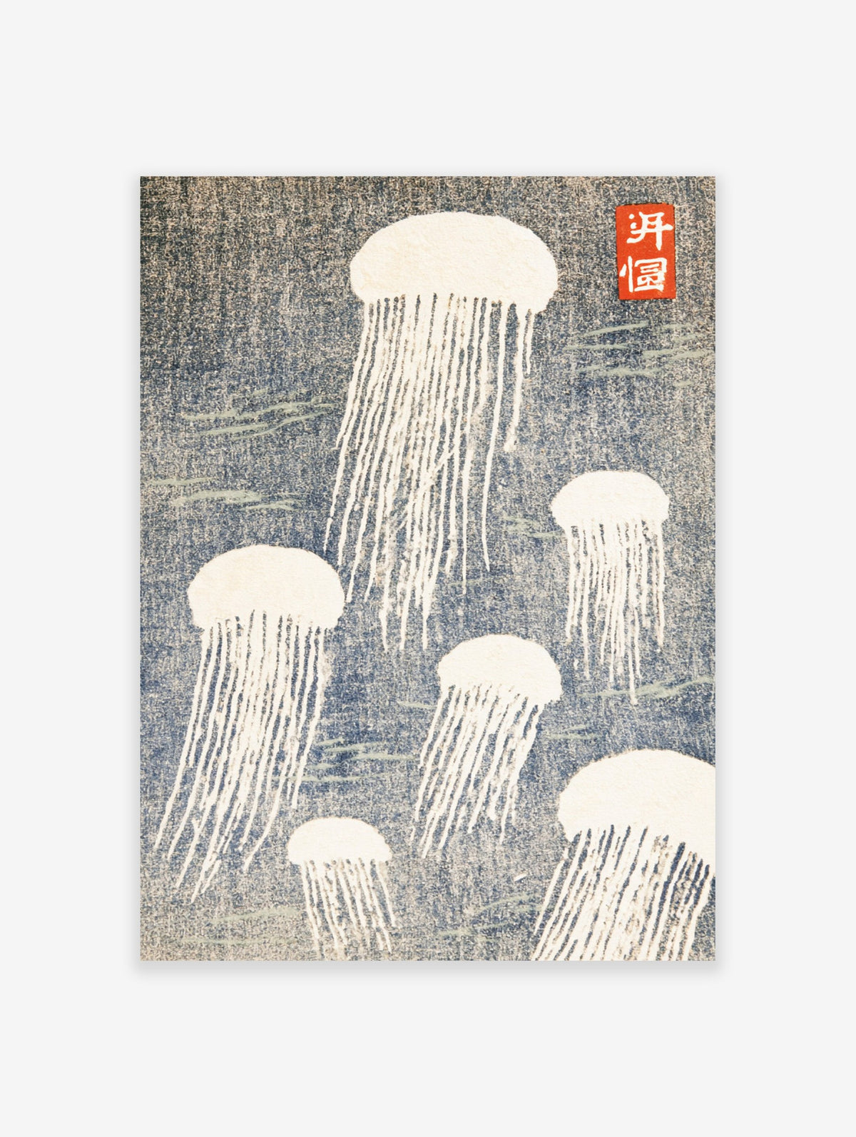 Japanese-style jellyfish wall art print with white sea creatures on a textured blue background