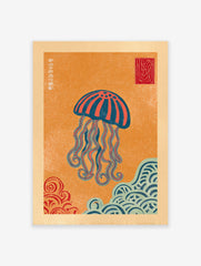 Vibrant orange background Jellyfish Wall Art print with blue and red jellyfish and stylized waves in Japanese art style.