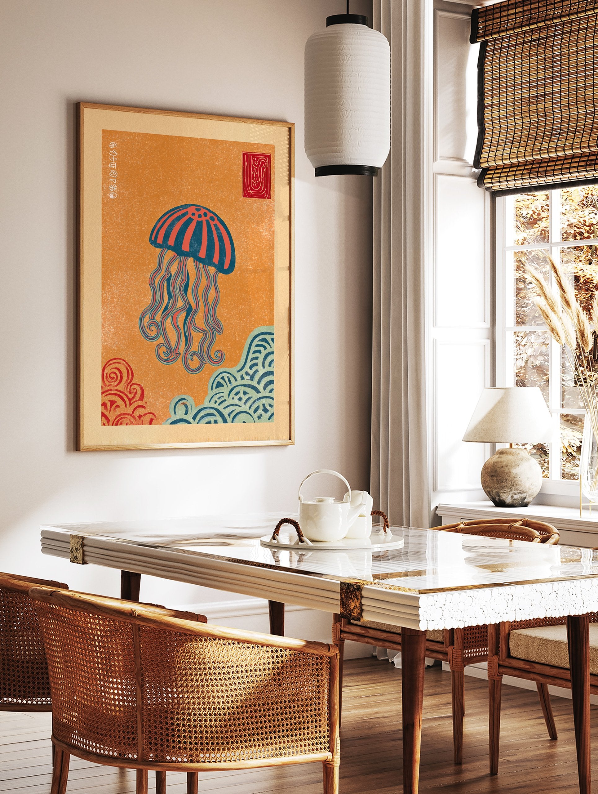Vibrant orange background Jellyfish Wall Art print with blue and red jellyfish and stylized waves in Japanese art style. - Image 2