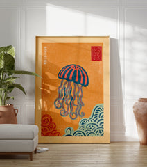 Vibrant orange background Jellyfish Wall Art print with blue and red jellyfish and stylized waves in Japanese art style. - Image 3