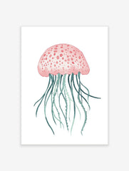 Pink jellyfish watercolour illustration with teal tentacles on a white background