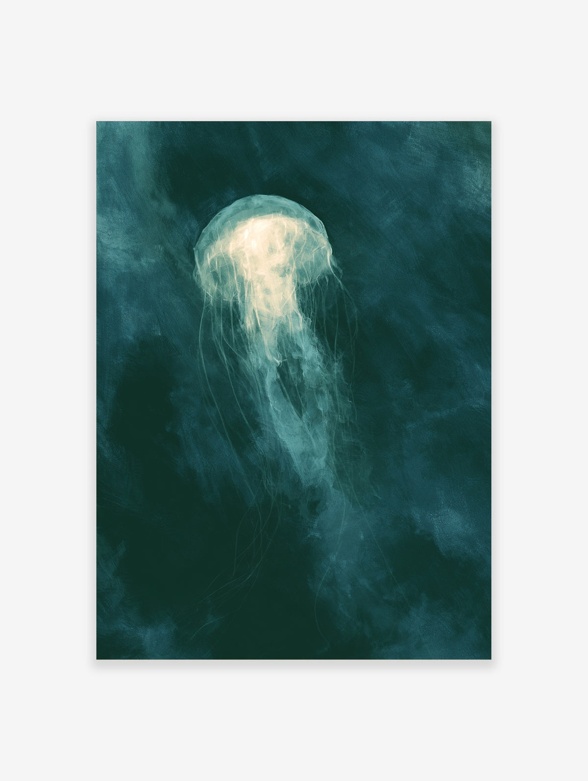 Teal jellyfish art print with glowing bell and trailing tentacles on deep blue-green background