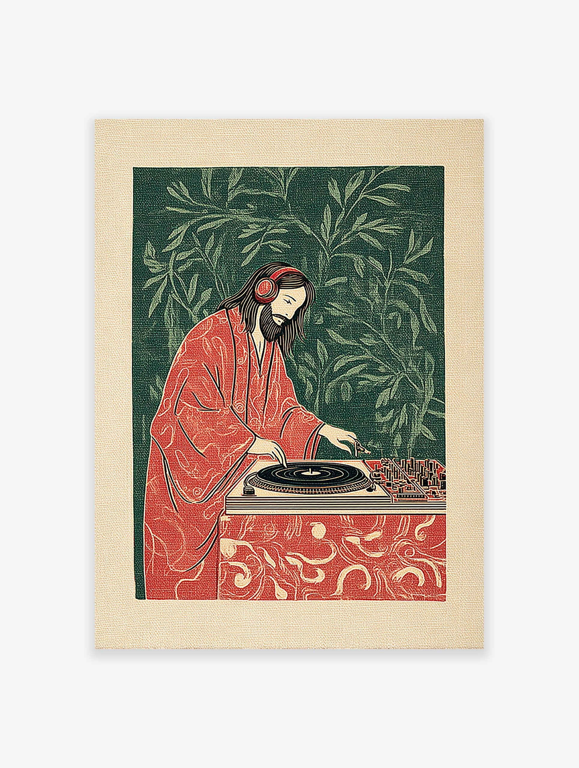Illustration of Jesus wearing red headphones and a red robe, acting as a DJ on turntables, against a dark green leafy background.