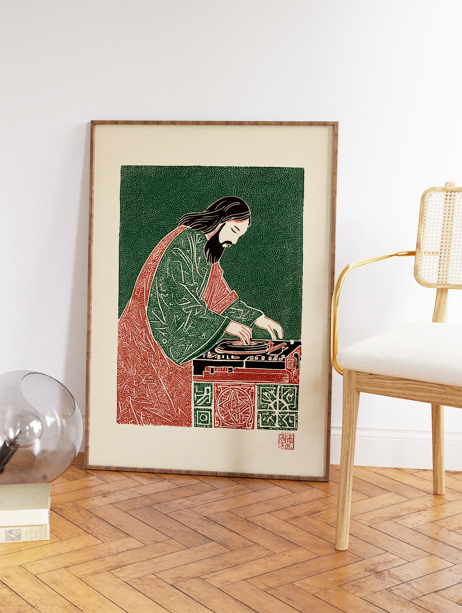 Illustration of Jesus Christ with a beard and long hair, dressed in green and red robes, acting as a DJ on a turntable. - Image 2