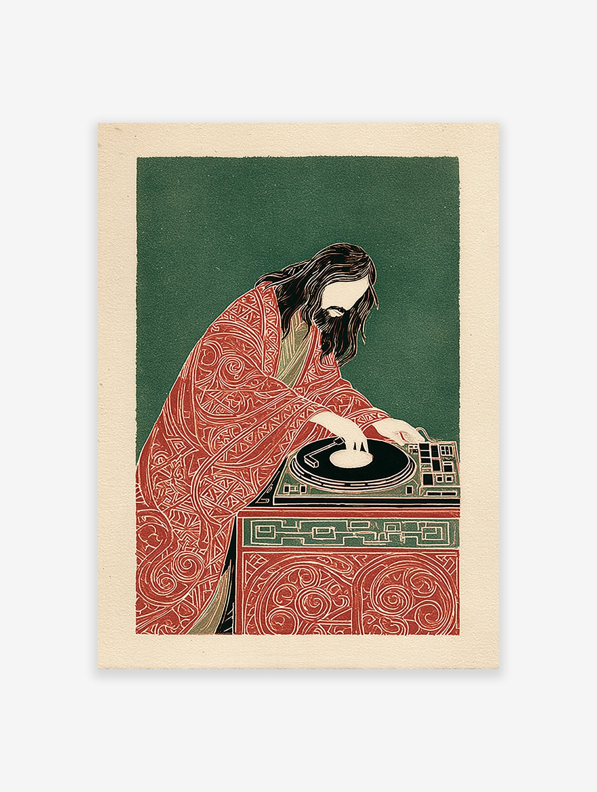 Stylized illustration of Jesus with long hair and beard, wearing a patterned red robe, DJing on a turntable.