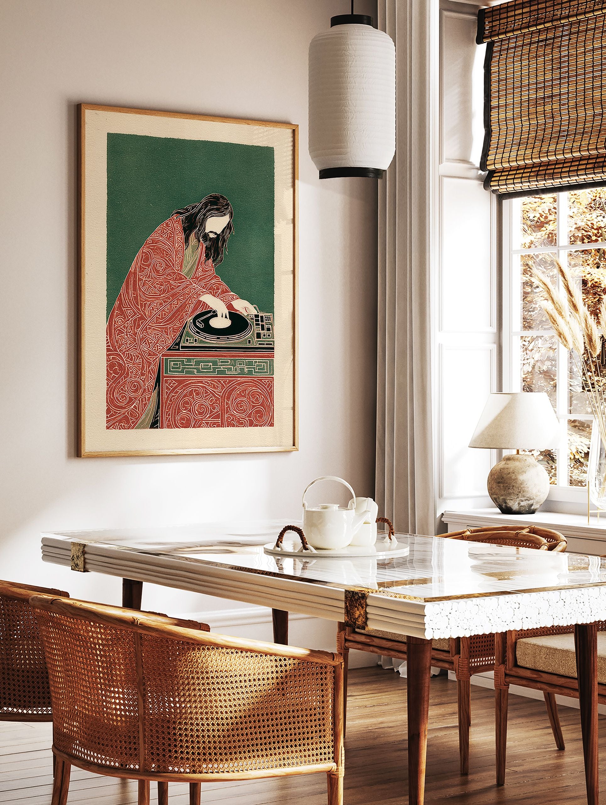 Stylized illustration of Jesus with long hair and beard, wearing a patterned red robe, DJing on a turntable. - Image 3