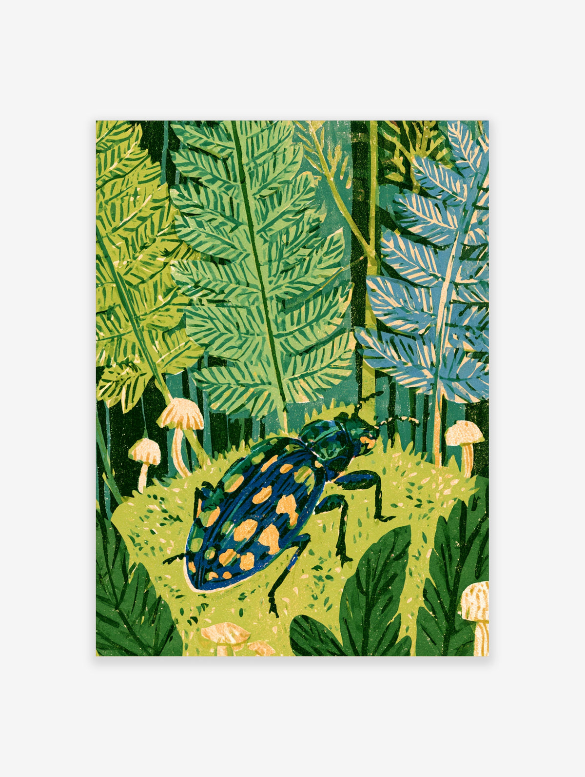 Blue jewel beetle with orange spots on mossy ground among green ferns and pale mushrooms in a forest illustration