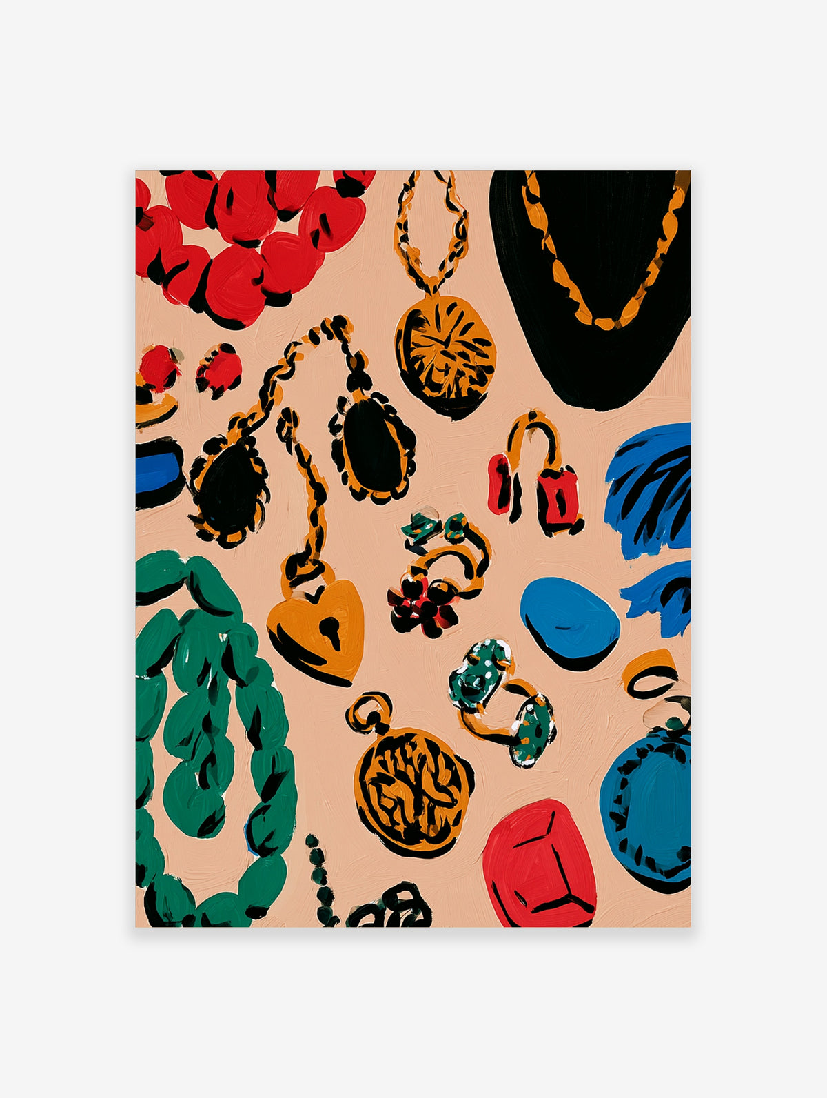 Colourful jewellery illustration print with necklaces, rings, and earrings on a peach background in an illustrative style