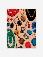 Colourful jewellery illustration print with necklaces, rings, and earrings on a peach background in an illustrative style