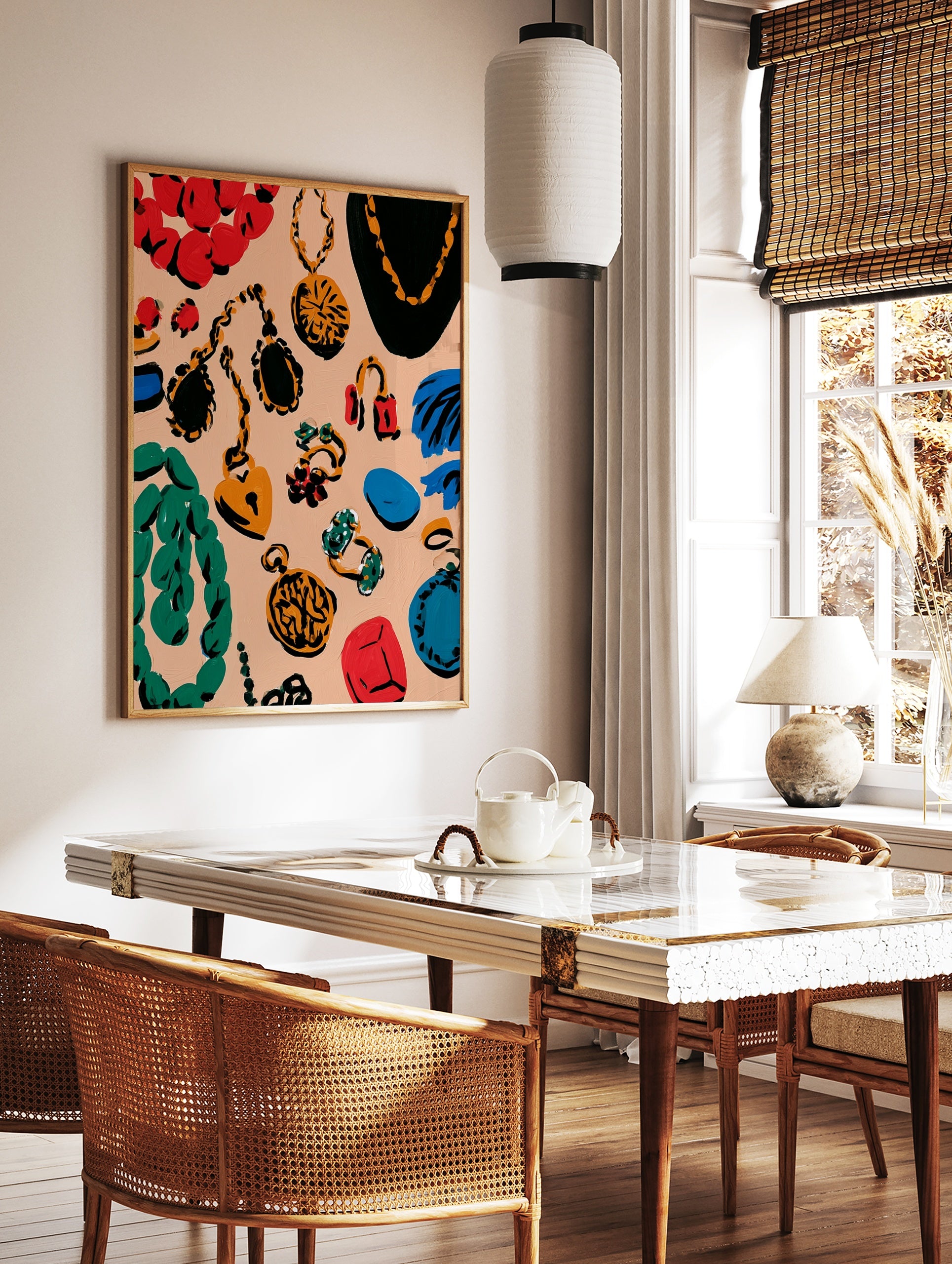 Colourful jewellery illustration print with necklaces, rings, and earrings on a peach background in, in a styled room mockup