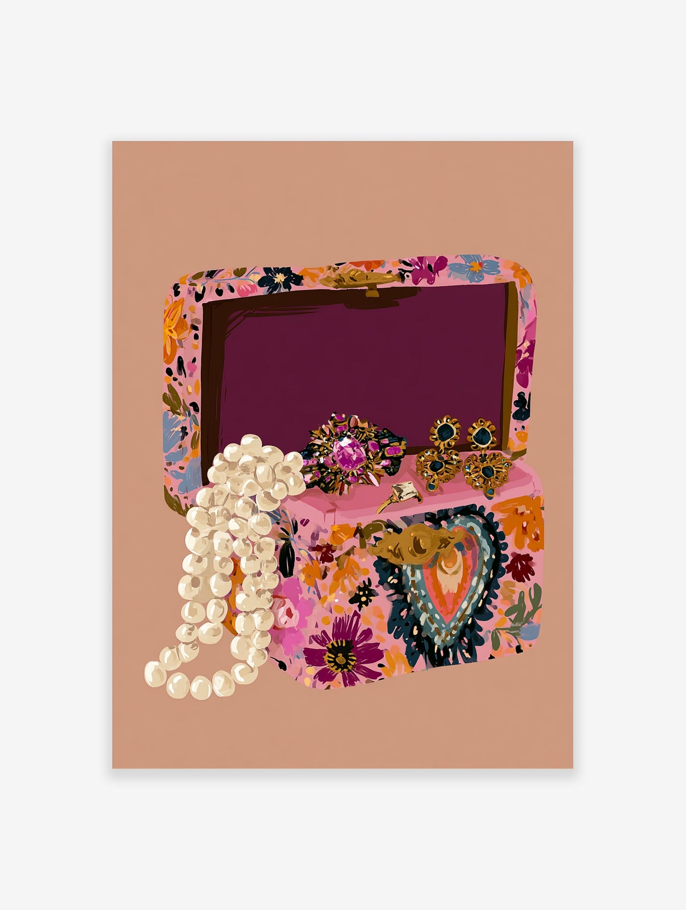 Colorful floral jewelry box illustration with pearls and gems, pink wall art print