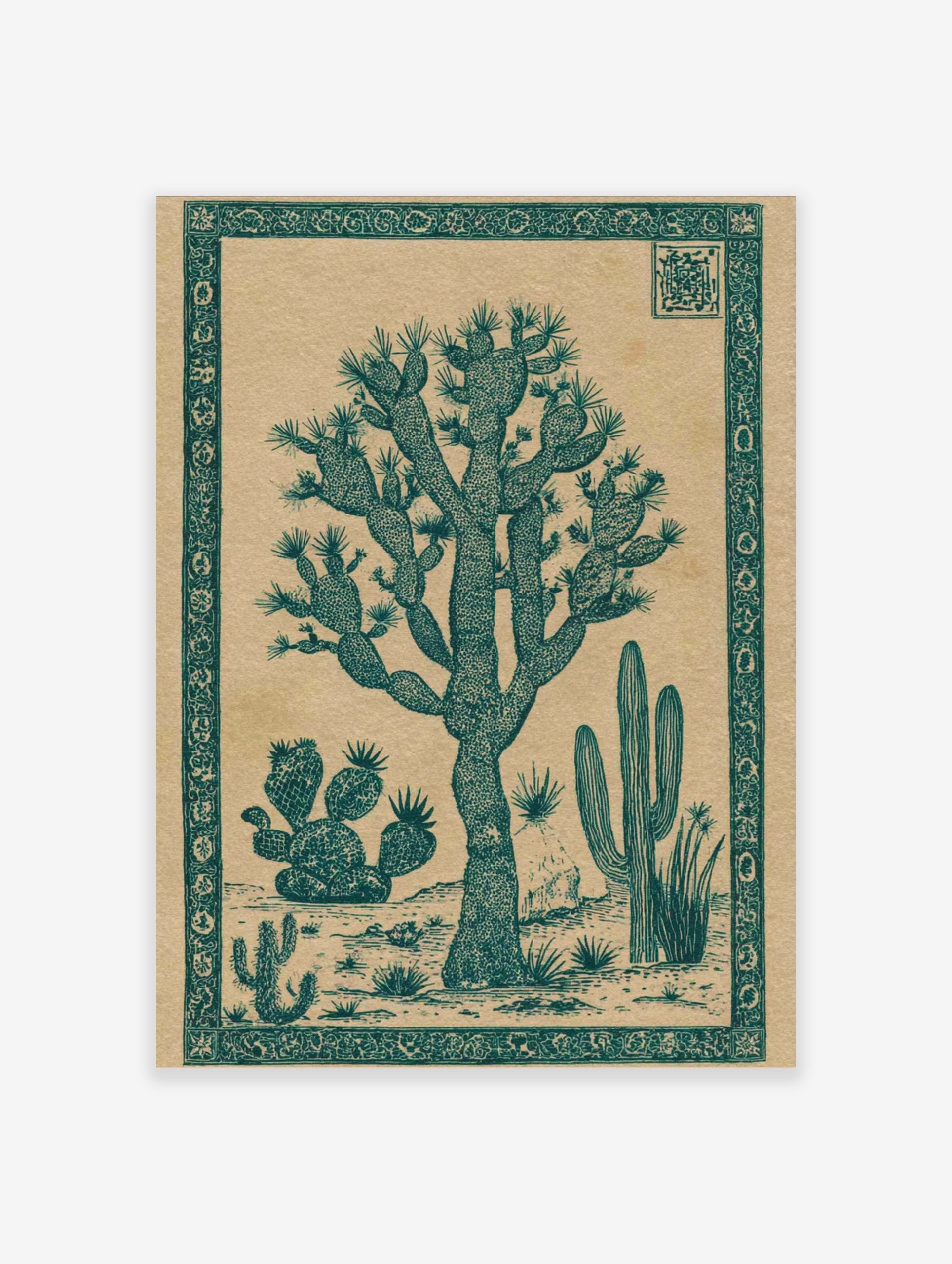Joshua Tree cactus botanical illustration in dark teal on a beige background with an ornate border