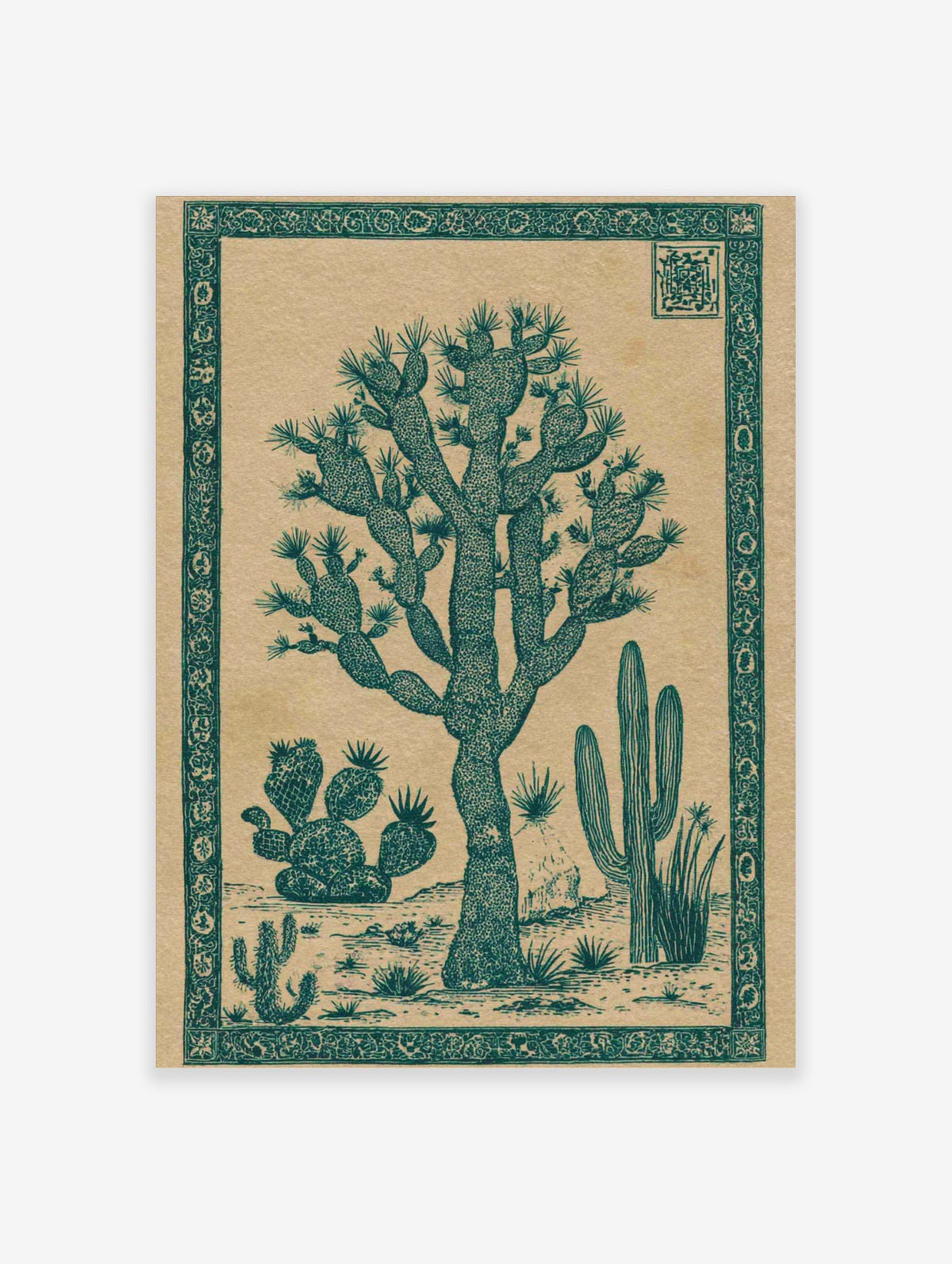Joshua Tree cactus botanical illustration in dark teal on a beige background with an ornate border