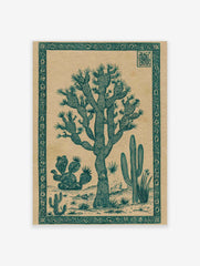 Joshua Tree cactus botanical illustration in dark teal on a beige background with an ornate border