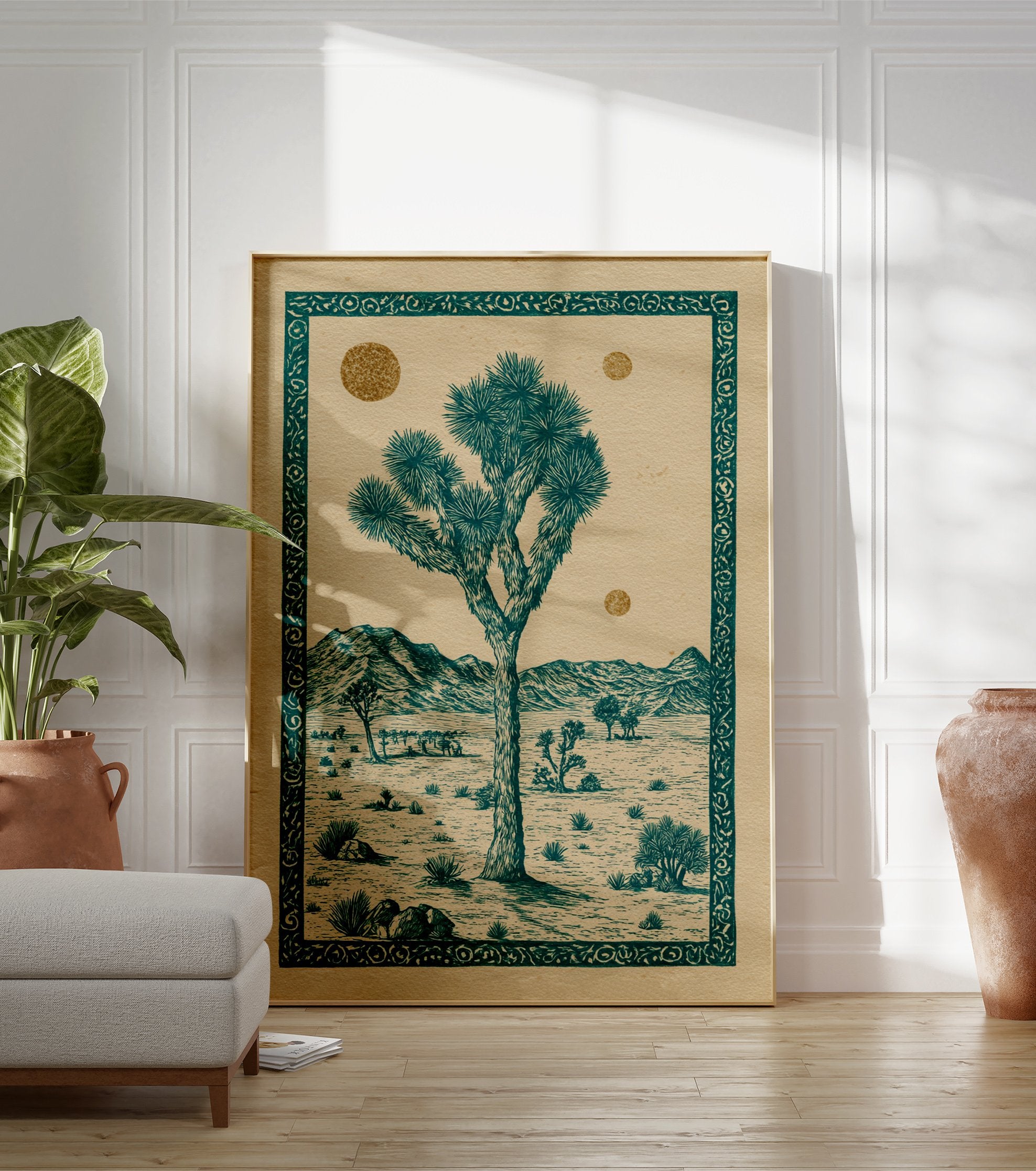 Illustrated Joshua Tree desert landscape poster with teal tree, mountains, and gold suns, framed by an ornate border. - Image 3