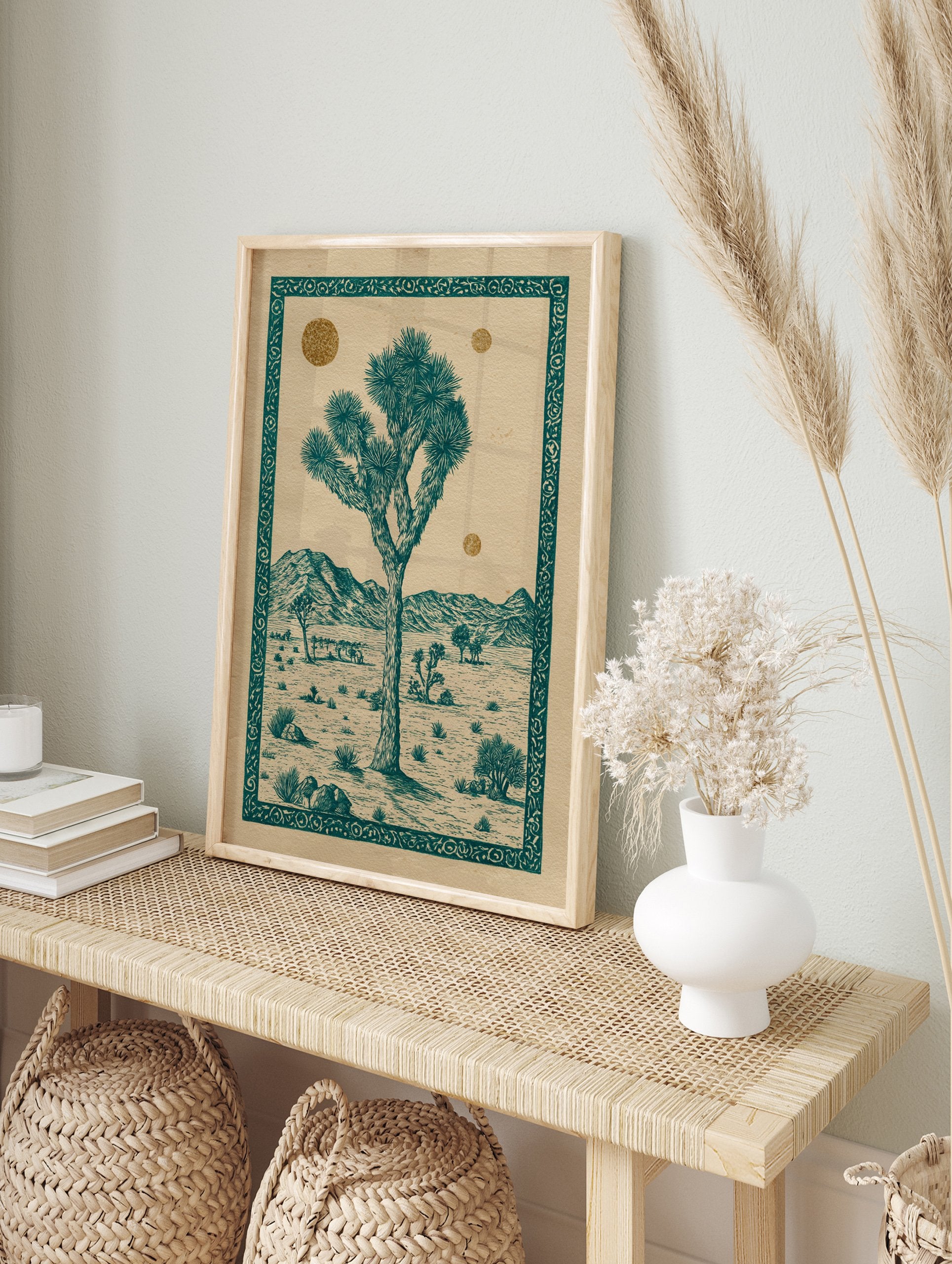 Illustrated Joshua Tree desert landscape poster with teal tree, mountains, and gold suns, framed by an ornate border. - Image 4