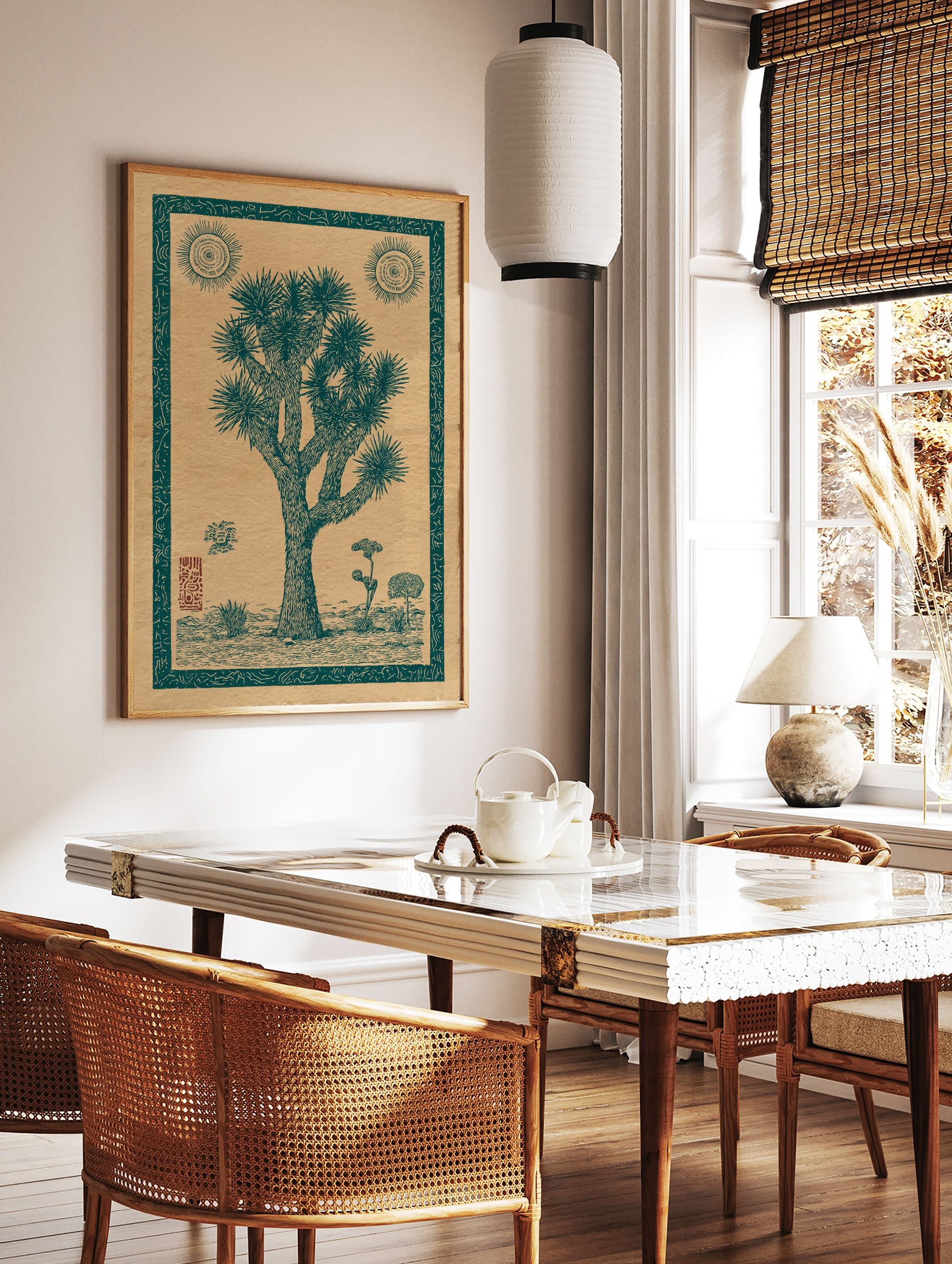 Joshua Tree poster featuring a vintage-style illustration of a desert landscape with suns and other plants. - Image 2