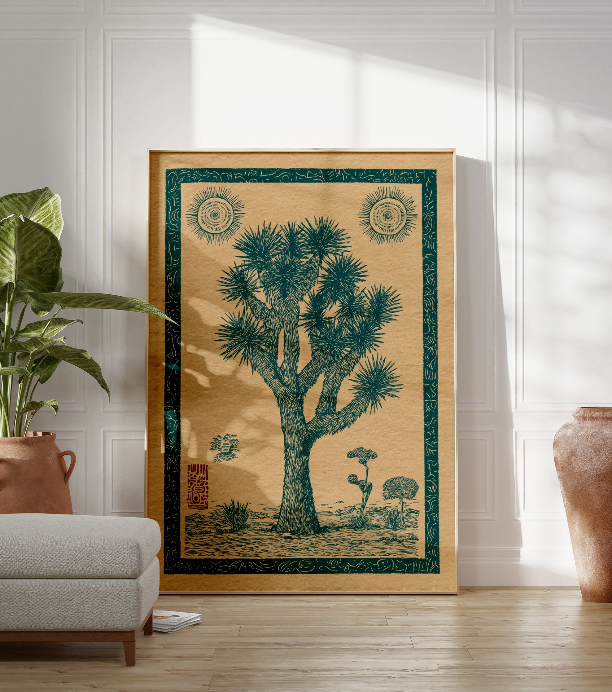 Joshua Tree poster featuring a vintage-style illustration of a desert landscape with suns and other plants. - Image 3