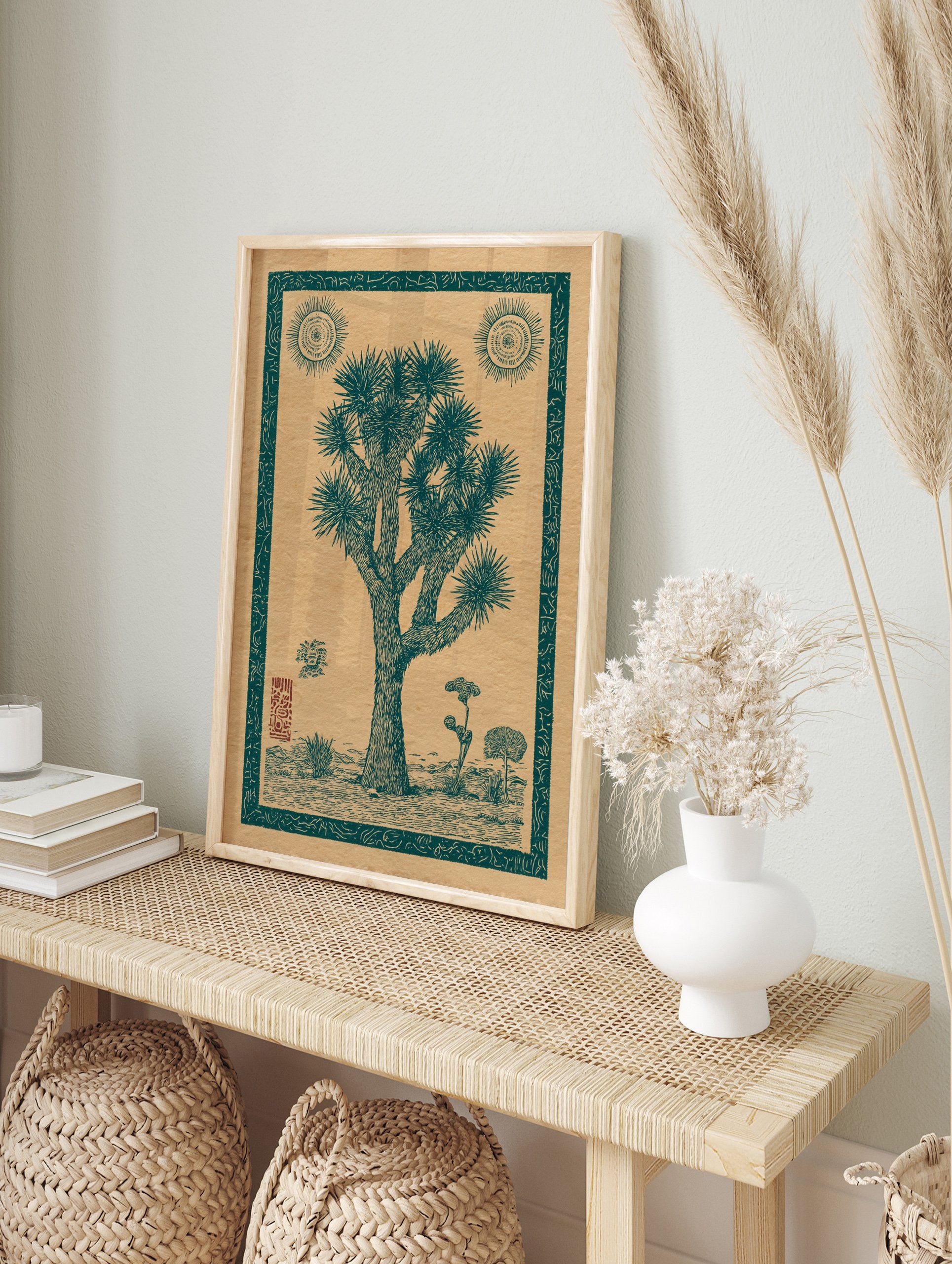 Joshua Tree poster featuring a vintage-style illustration of a desert landscape with suns and other plants. - Image 4