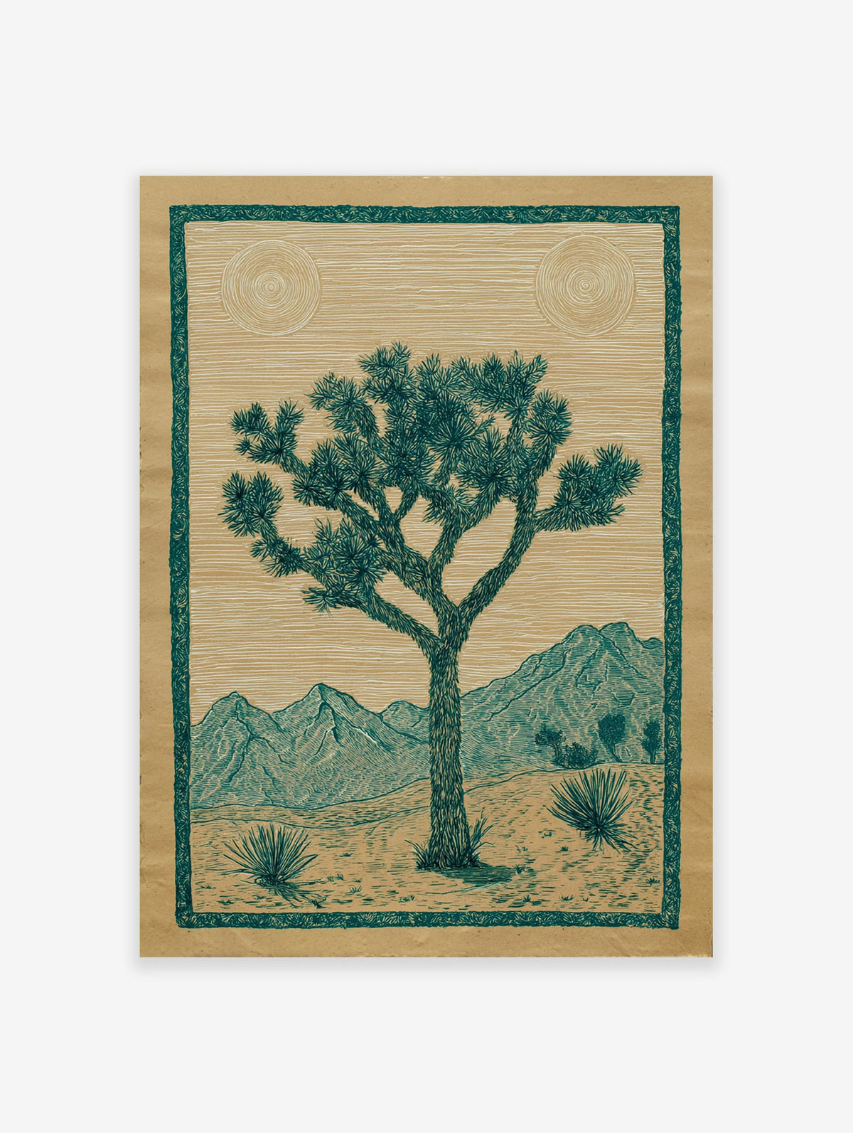 Joshua Tree poster depicting a desert landscape with mountains, two suns, and green botanical elements on brown paper.