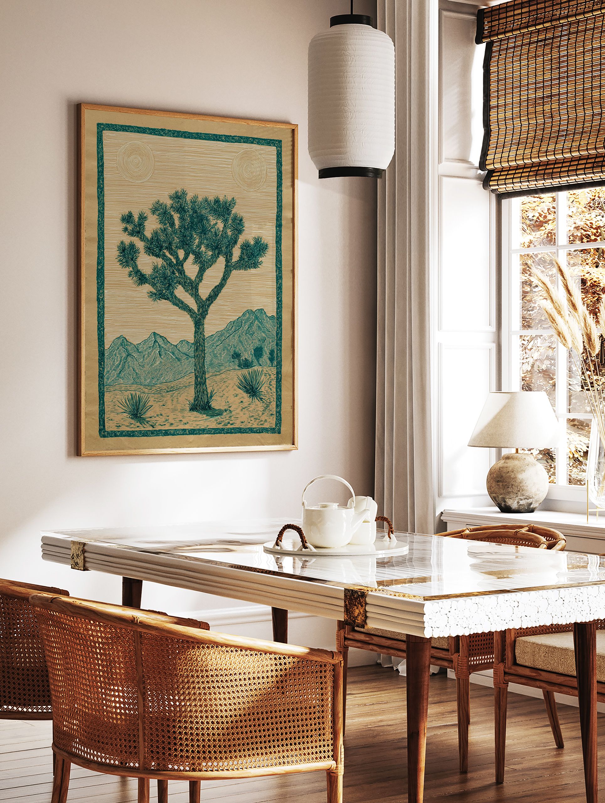 Joshua Tree poster depicting a desert landscape with mountains, two suns, and green botanical elements on brown paper. - Image 2