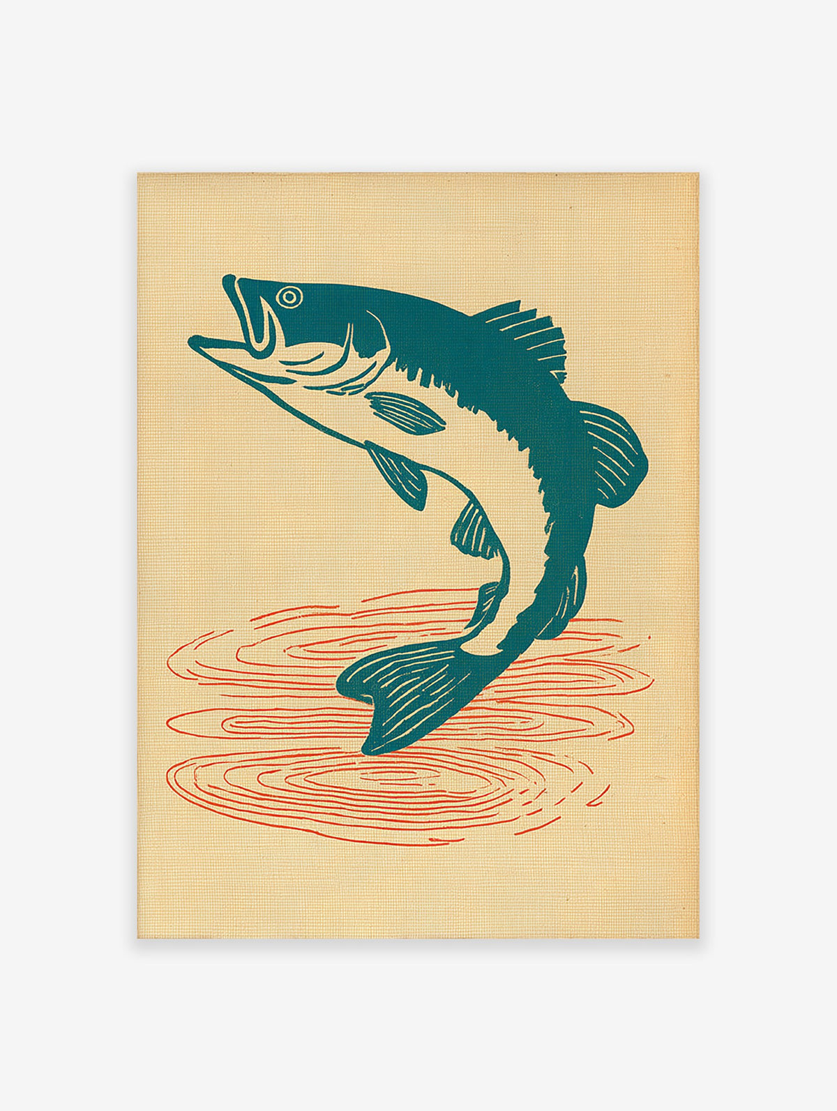 Vintage jumping fish poster featuring a teal bass leaping from water with red ripples on a light beige background.