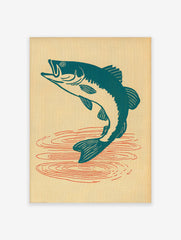 Vintage jumping fish poster featuring a teal bass leaping from water with red ripples on a light beige background.