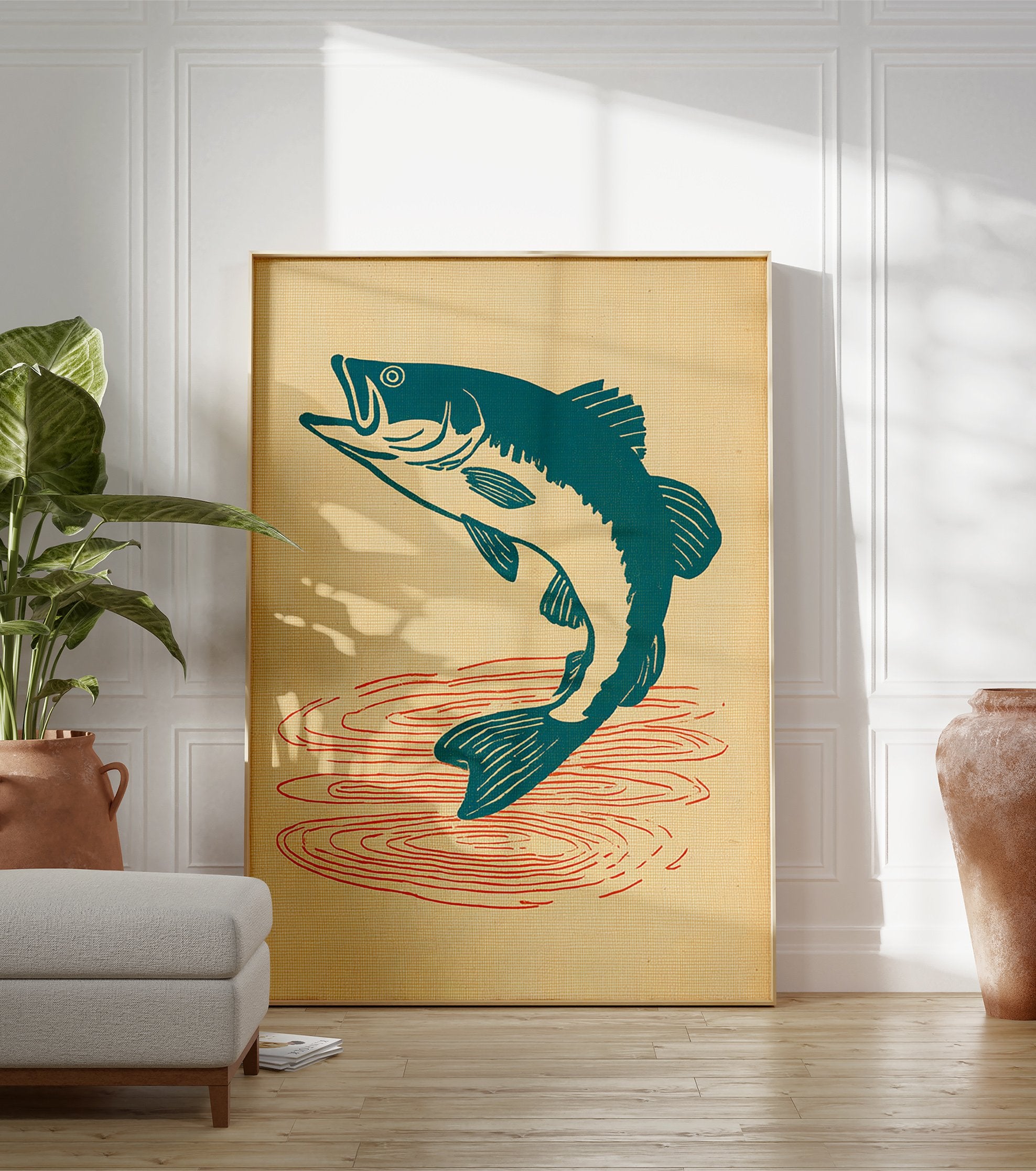 Vintage jumping fish poster featuring a teal bass leaping from water with red ripples on a light beige background. - Image 3