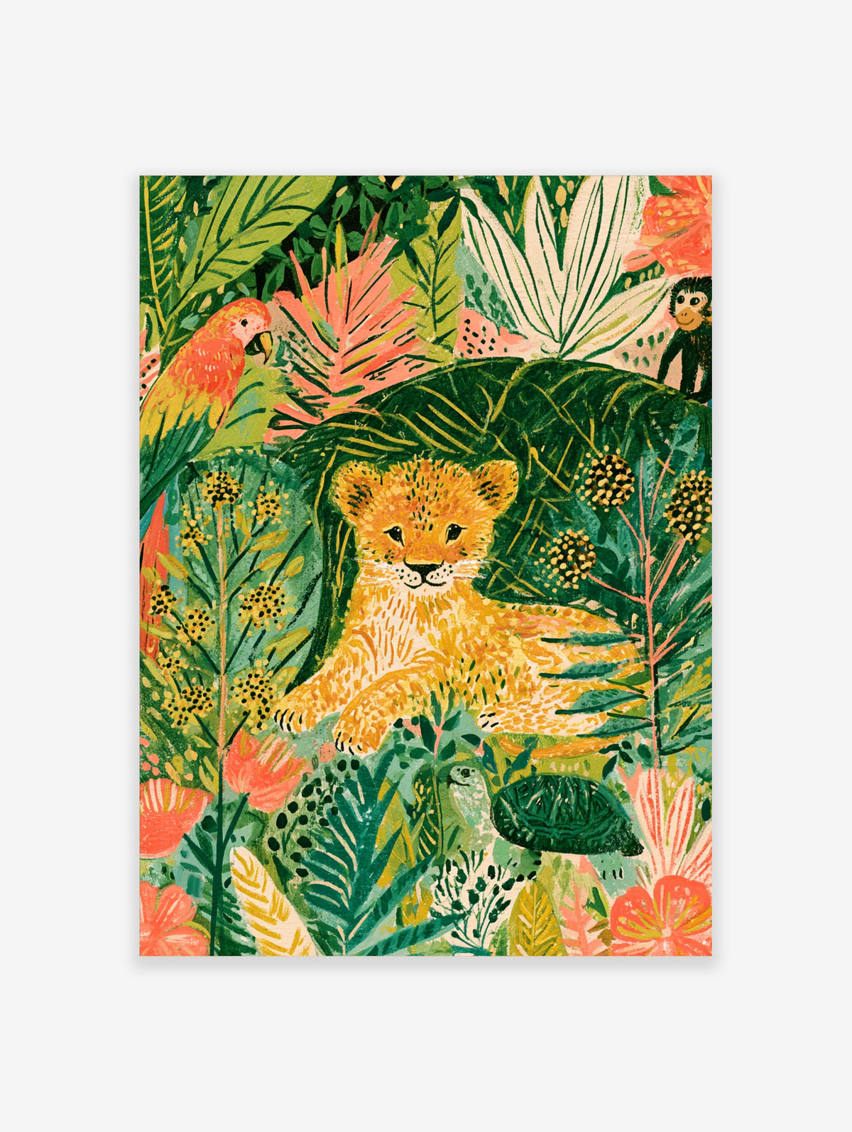 Jungle animal poster with lion cub, red parrot, monkey and turtle among tropical leaves