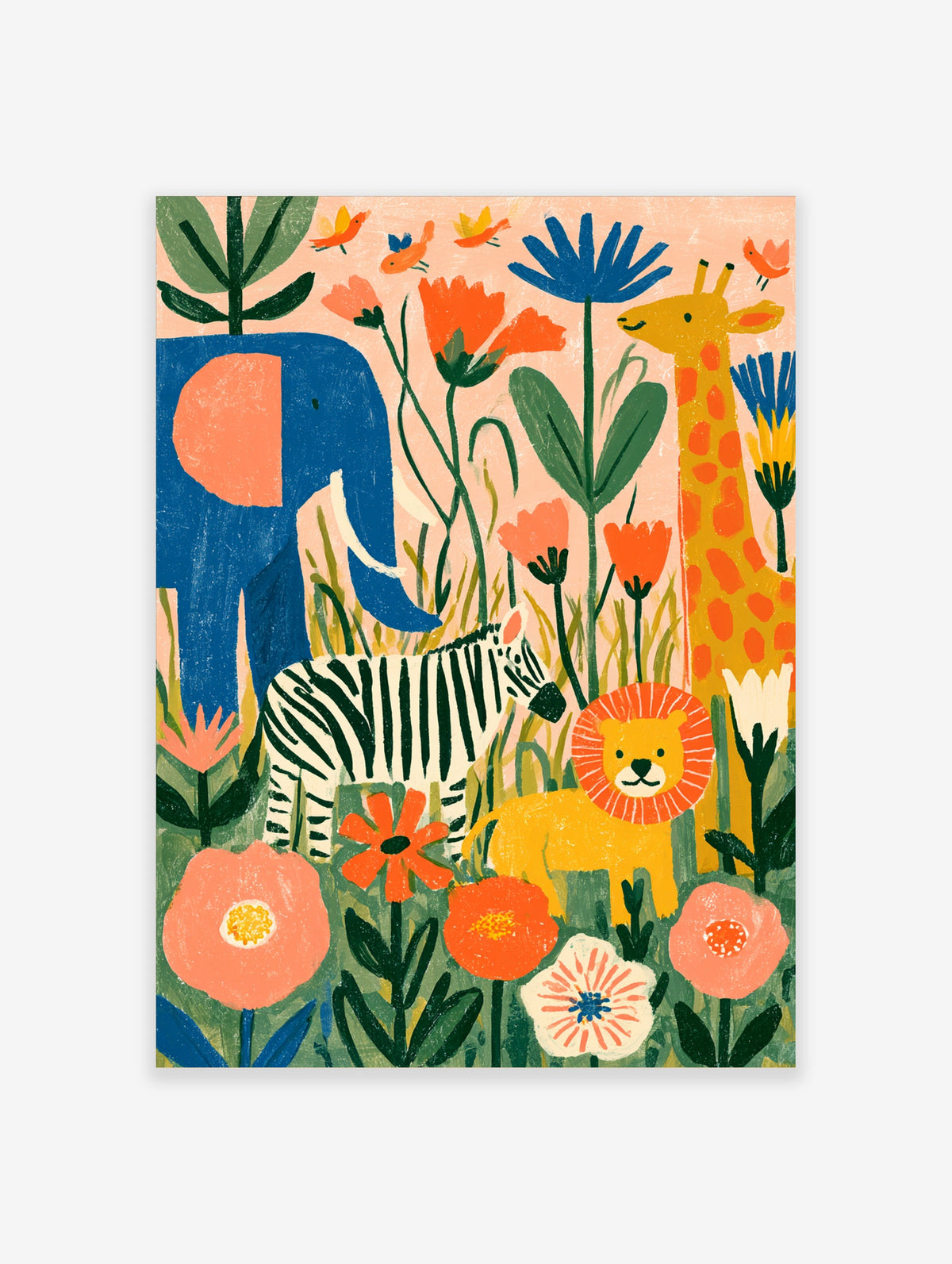 Colourful jungle animal poster with blue elephant, zebra, lion and giraffe among flowers