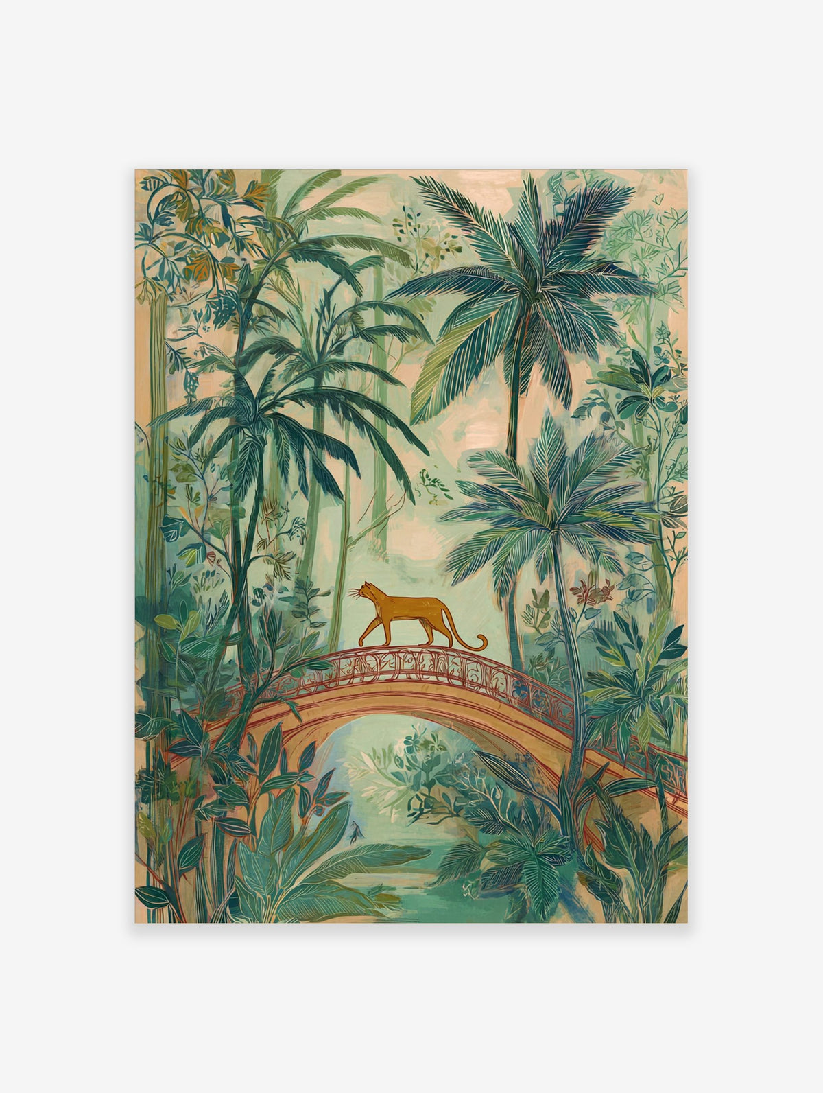 Illustrative jungle art print with a ginger big cat walking on an arched bridge amidst green palm trees and foliage
