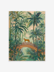 Illustrative jungle art print with a ginger big cat walking on an arched bridge amidst green palm trees and foliage