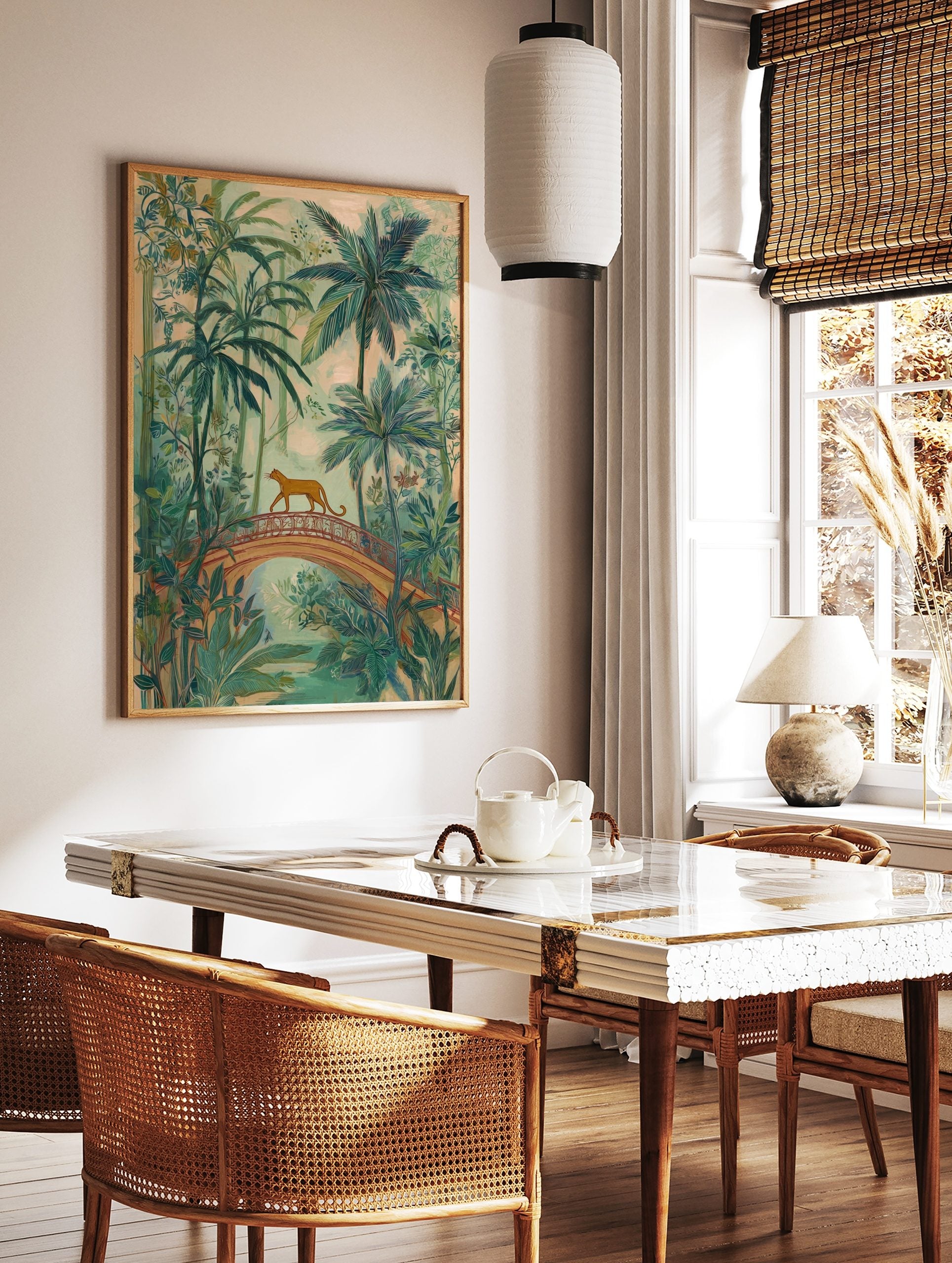 Illustrative jungle art print with a ginger big cat walking on an arched bridge amidst green palm, in a styled room mockup