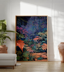 Poster of an enchanting jungle at night, featuring a path through lush foliage, glowing yellow fireflies, and red butterflies. - Image 3