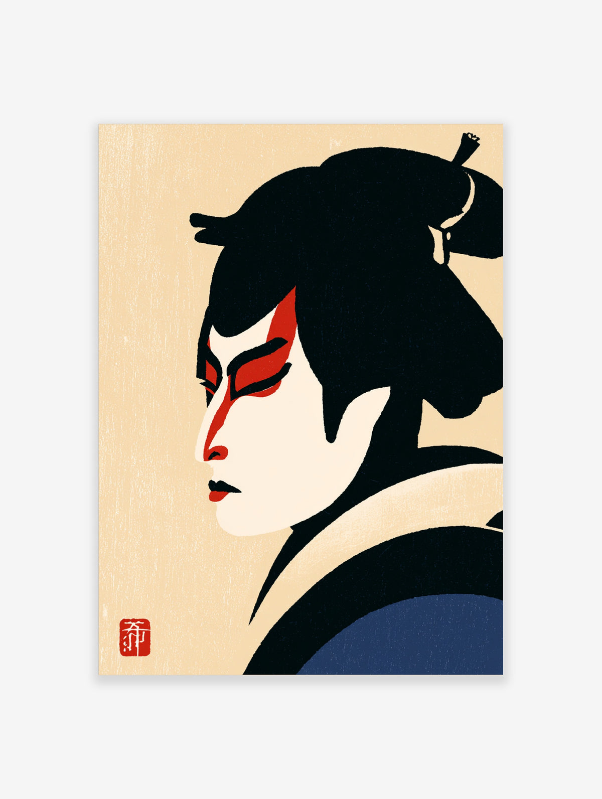 Kabuki actor profile with red face paint and black hair on cream background, Japanese woodblock style poster