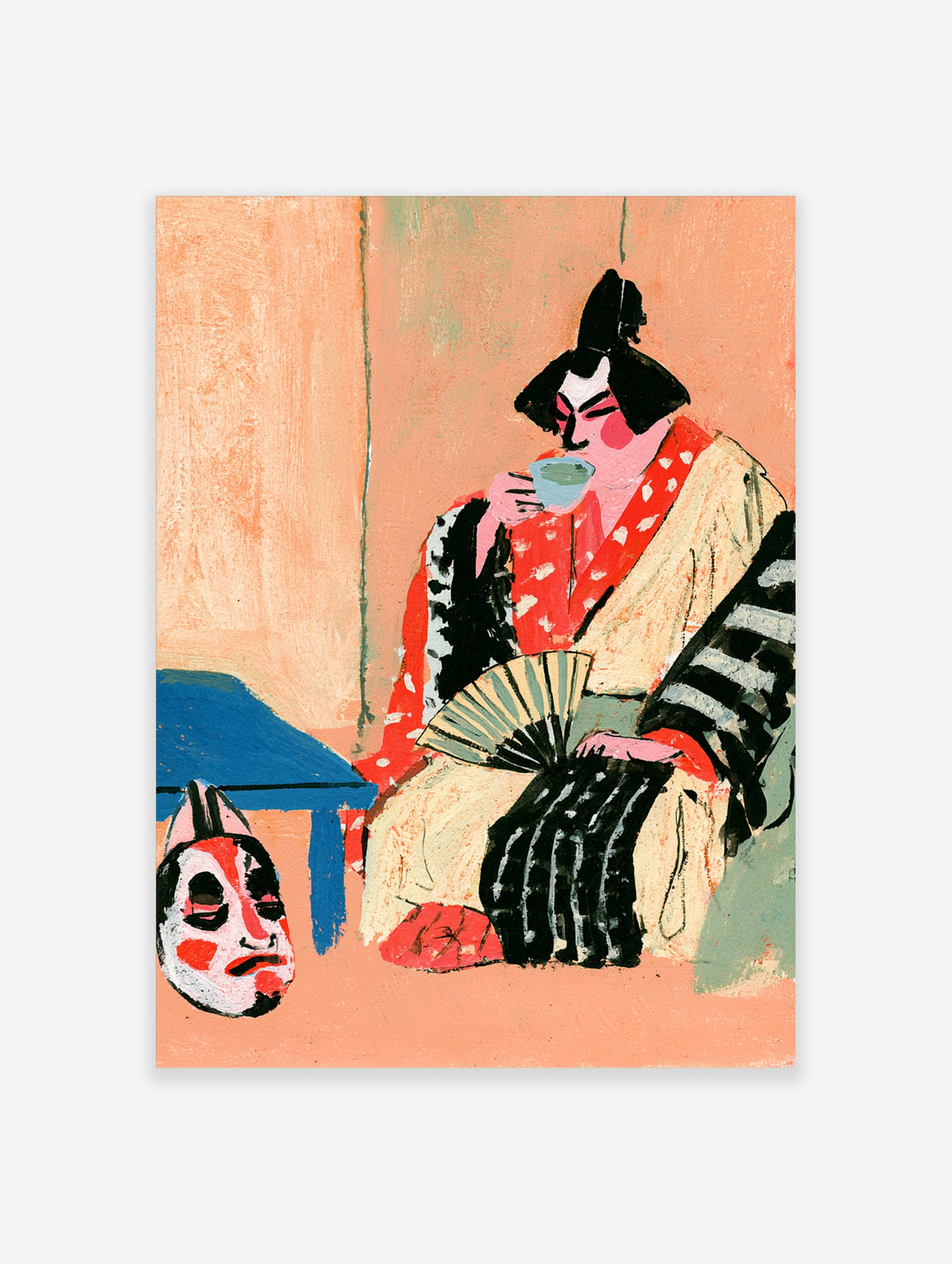 Kabuki actor in black headdress drinking from blue cup beside red mask on peach background art print