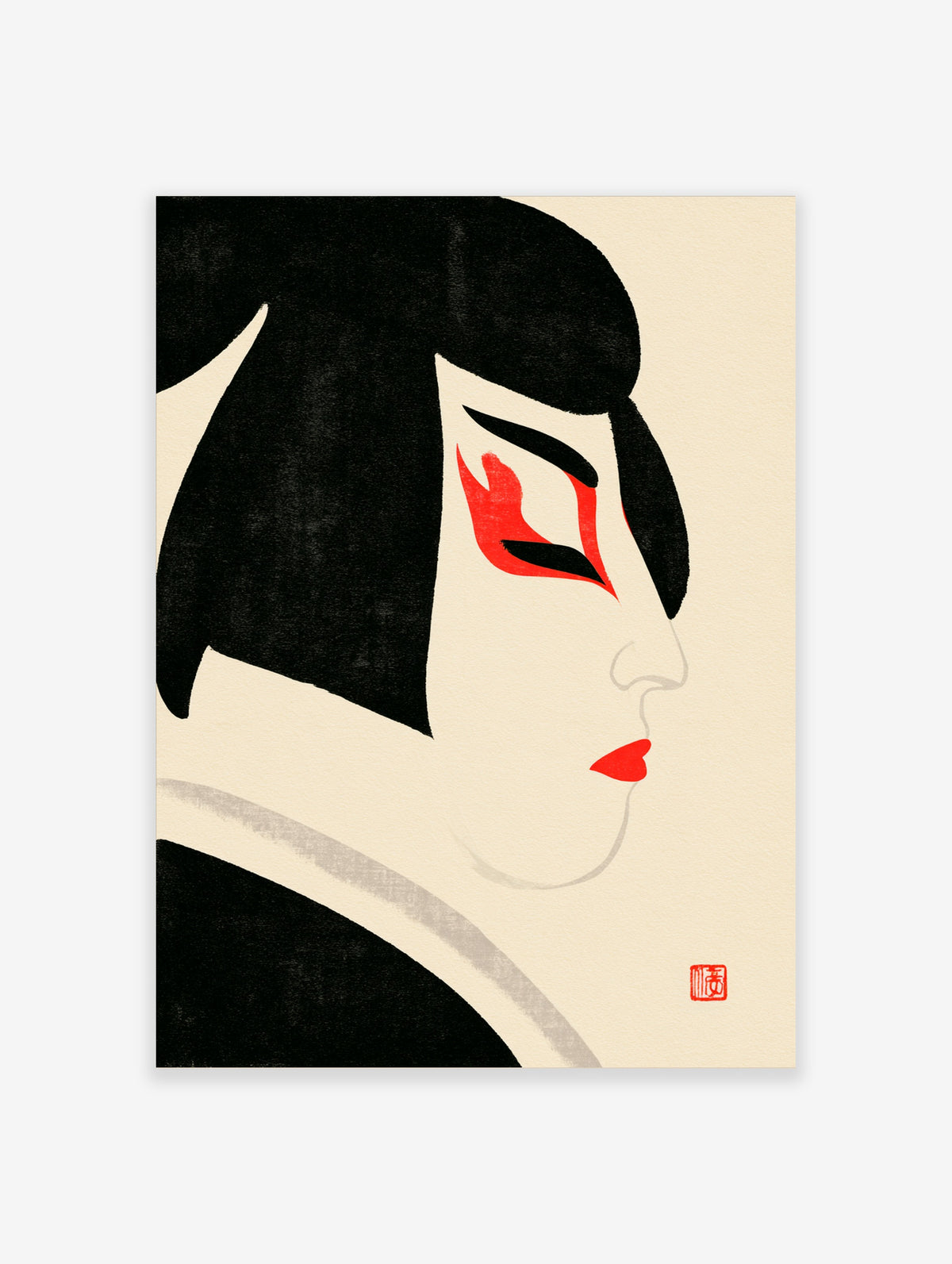 Kabuki poster showing a profile portrait with black hair, red eye makeup, and red lips on a cream background