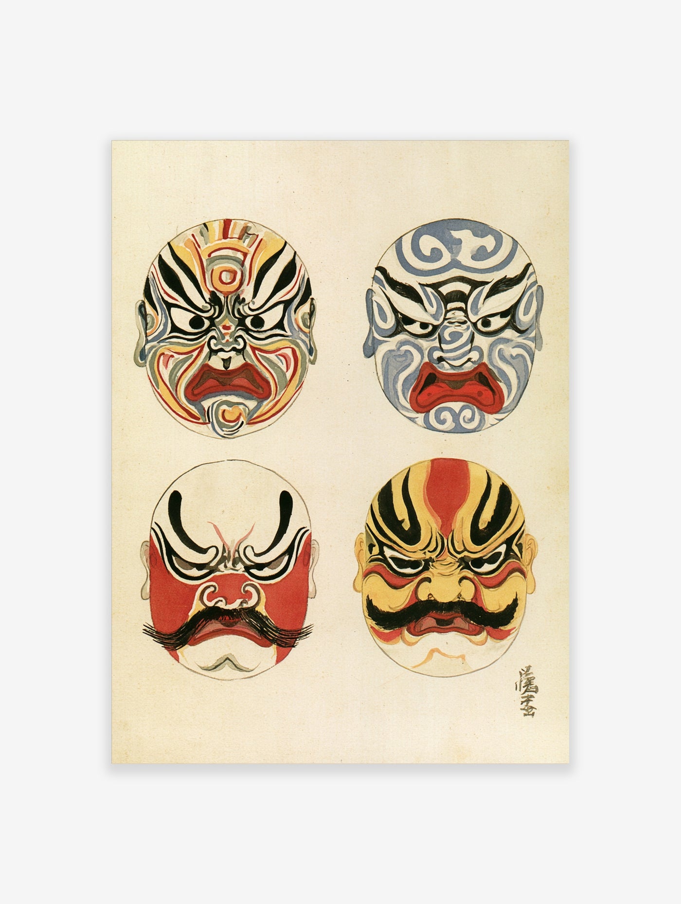 Four traditional Japanese Kabuki theatre masks with intricate red, blue, and yellow makeup patterns on a cream background