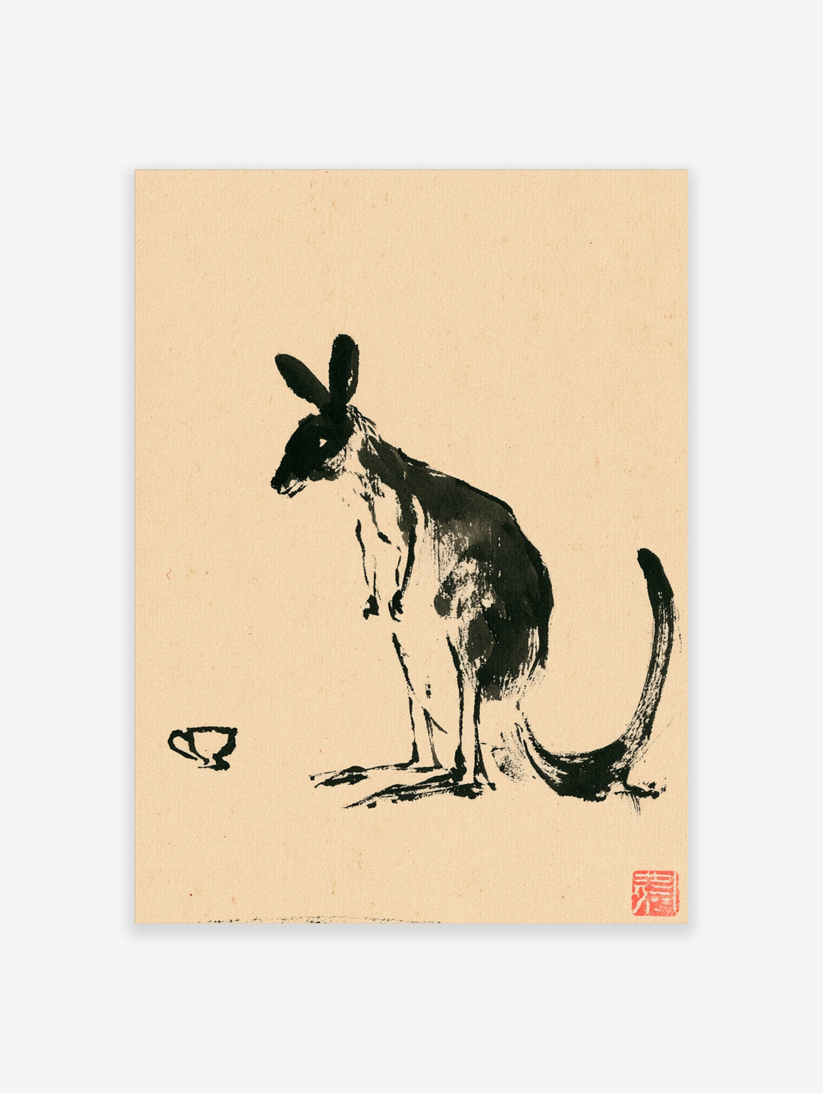 Minimalist kangaroo ink brush art print with small cup on beige background