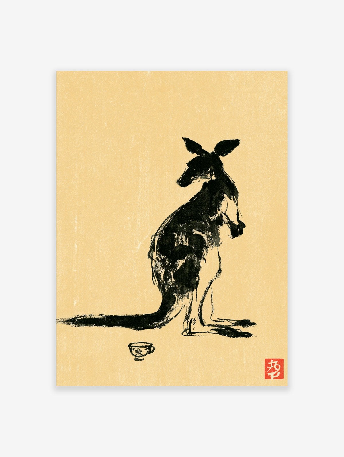 Black ink brush kangaroo art print with teacup and red seal on beige background