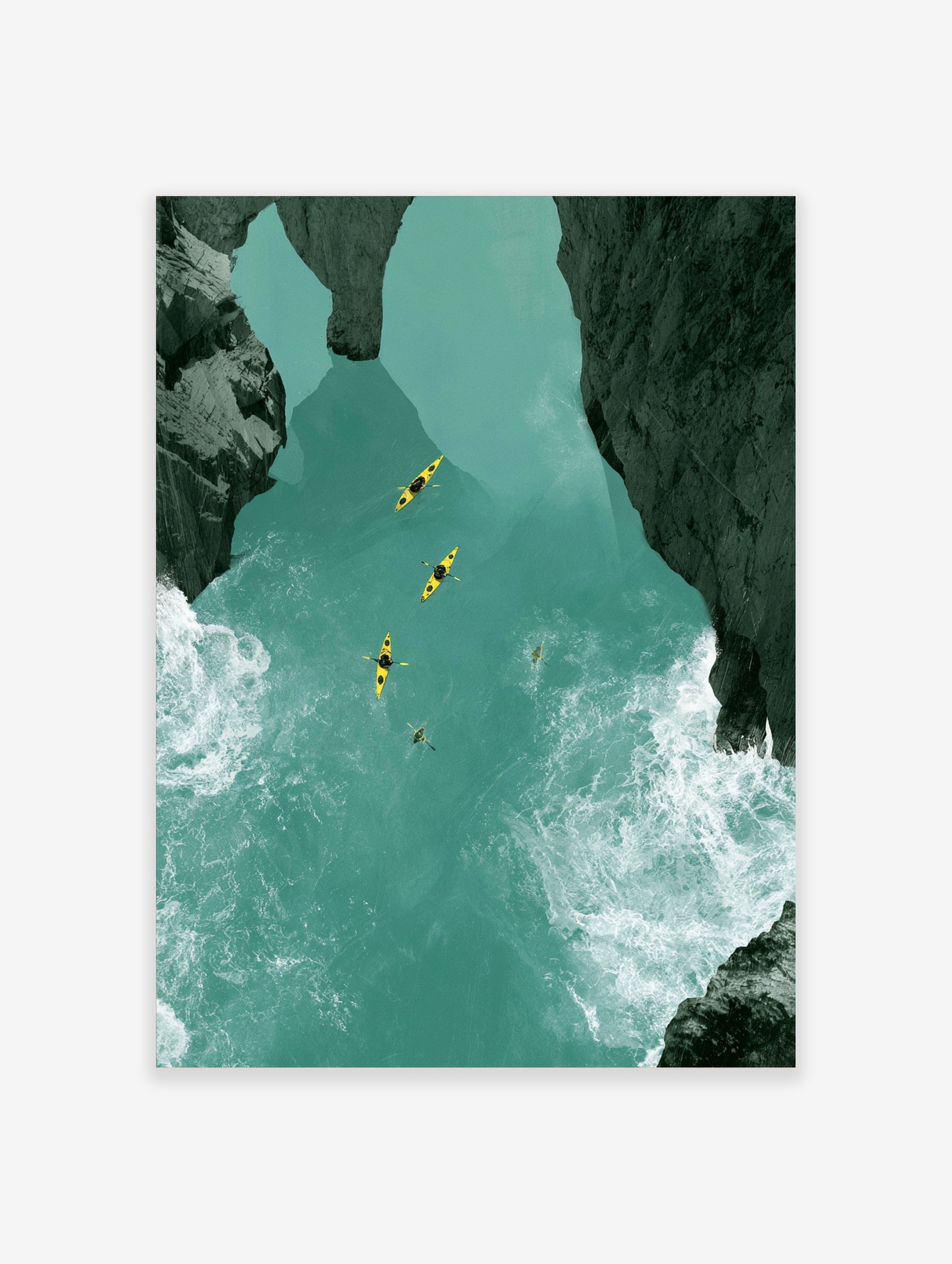 Aerial view of four yellow kayaks on a turquoise river canyon with dark rocky cliffs and white water